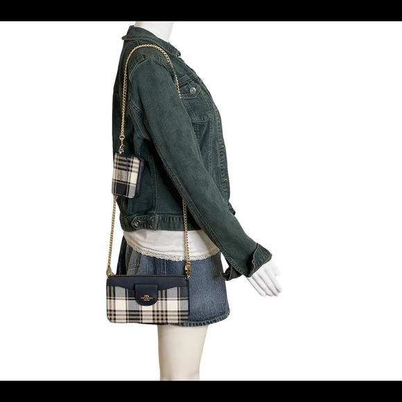 Coach Womens Crossbody Bag With Pouch Coin Bag Chain Strap Poppy Plaid Leather - Picture 13 of 15